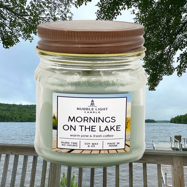 MORNINGS on the LAKE Hand-Crafted Scented Soy Candle | Pine & Coffee | Nostalgic | New England | Non-Toxic | Robust Scent | Long Burn Time