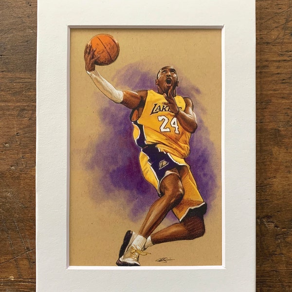 Kobe Bryant Los Angeles Lakers NBA Art Print with Matte - 4x6 Postcard Print with 5x7 matte