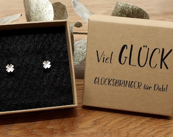 Glücksbringer Kleeblatt Ohrstecker 925 Silber in hochwertiger Geschenkschachtel mit dem Text: Viel Glück