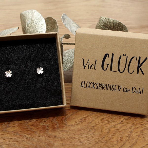 Glücksbringer Kleeblatt Ohrstecker 925 Silber in hochwertiger Geschenkschachtel mit dem Text: Viel Glück