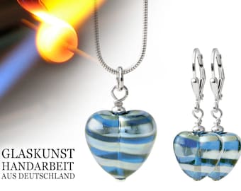 Blaue Glasherzen Schmuckset 925 Silber - Halskette, Kettenanhänger und Ohrringe