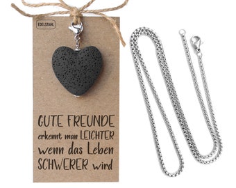 Herz Halskette Edelstahl Schwarz Geschenk mit Grußkarte "Gute Freunde erkennt man leichter wenn das Leben schwerer wird"