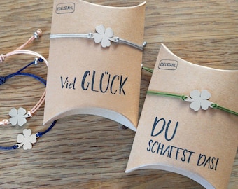 Four-leaf clover lucky charm bracelet. Size selectable for adults, teenagers or children. Back to school, exams, graduation.