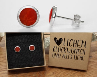 Red stud earrings Onyx 925 silver 8 mm in a high-quality gift box with a text of your choice!