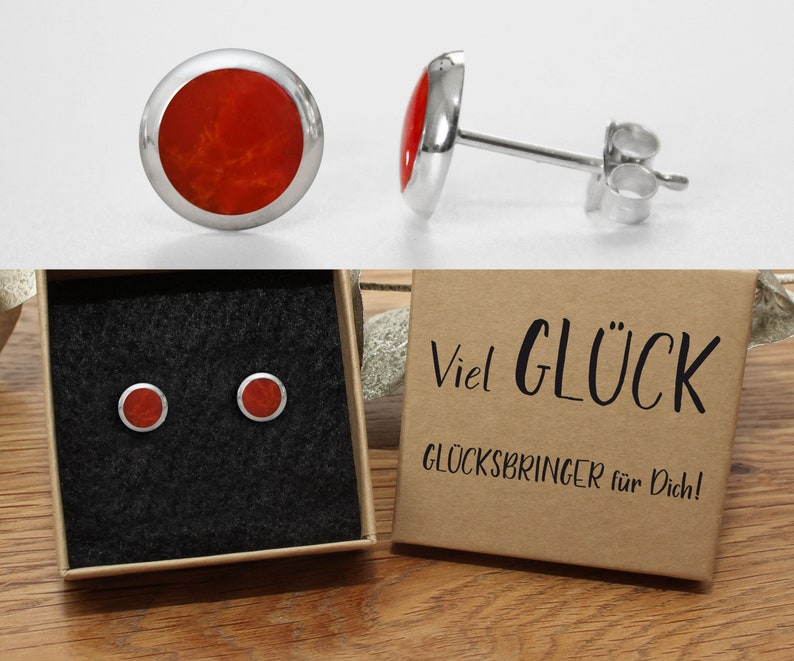 Red stud earrings Onyx 925 silver 8 mm in a high-quality gift box with a text of your choice Viel Glück