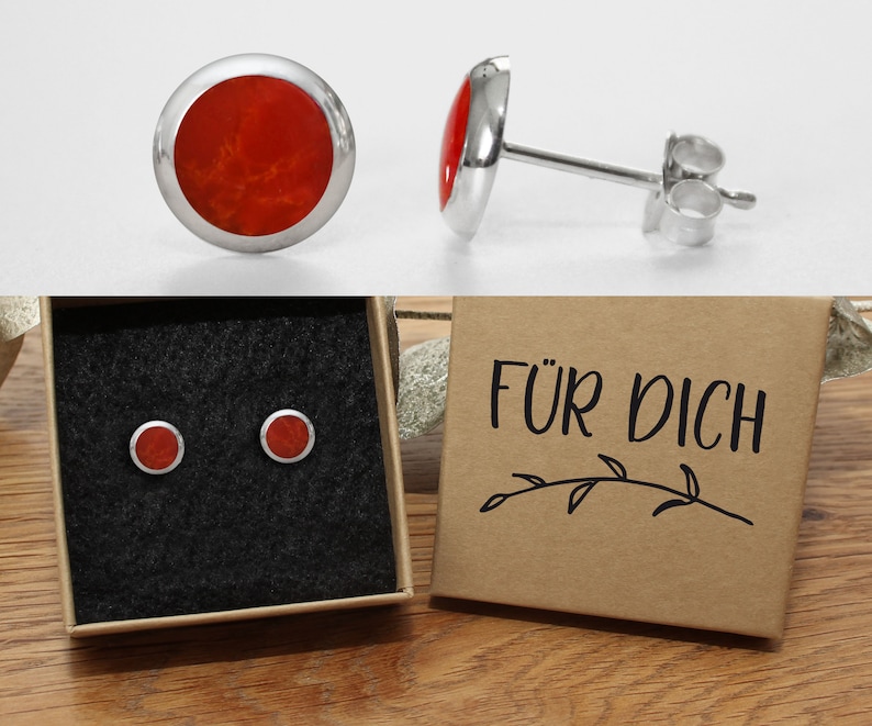Red stud earrings Onyx 925 silver 8 mm in a high-quality gift box with a text of your choice Für Dich!