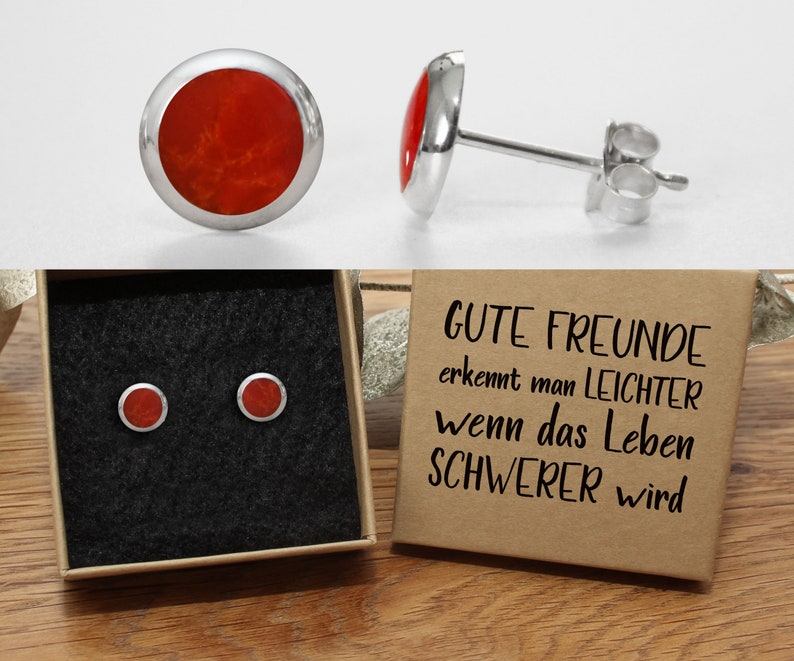 Red stud earrings Onyx 925 silver 8 mm in a high-quality gift box with a text of your choice Gute Freunde...