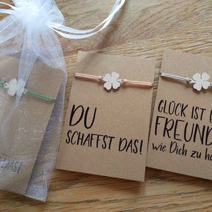 Vierblättriges Kleeblatt Glücksbringer Armband. Größe wählbar für Erwachsene, Jugendliche oder Kinder. Schulanfang, Prüfung, Abitur.