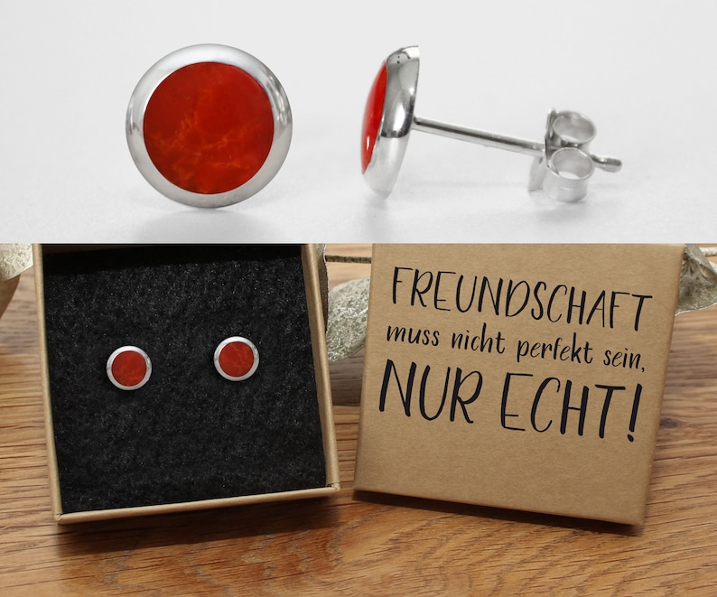 Rote Ohrstecker Onyx 925 Silber 8mm in hochwertiger Geschenkschachtel mit einem Text Ihrer Wahl Freundschaft