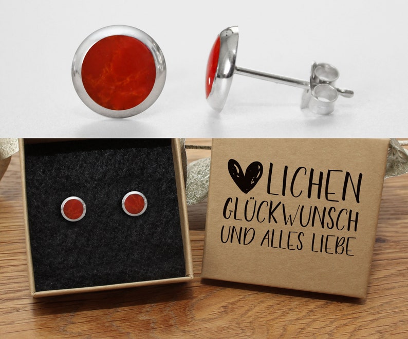Red stud earrings Onyx 925 silver 8 mm in a high-quality gift box with a text of your choice Glückwunsch