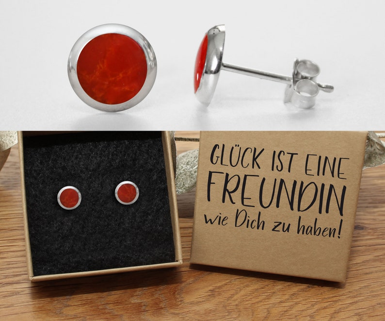 Rote Ohrstecker Onyx 925 Silber 8mm in hochwertiger Geschenkschachtel mit einem Text Ihrer Wahl Freundin