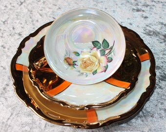 Vintage Perlmutt Sammeltassen Gedeck mit Rosen