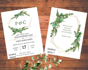 Gold Geometric Oval Circle White Bold Greenery Wedding Invitation, Template Download, Printed Cards, Customizable