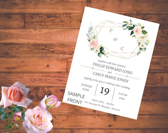 Gold Geometric Oval Pink White Floral Greenery Wedding Invitation, Template Download, Printed Cards, Customizable