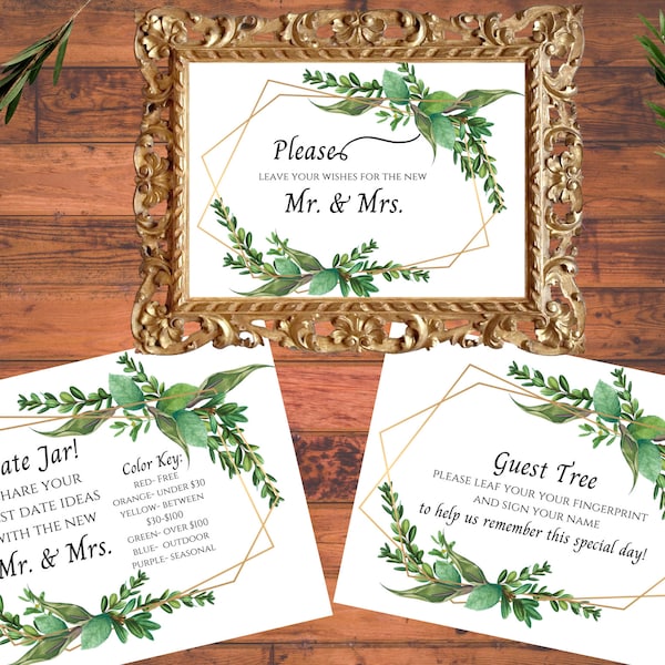 Greenery Guest Book Alternatives, Gold Geometric, Finger Print Tree, Well Wishes, Date Jar Signs, Digital Download, Printed Signs