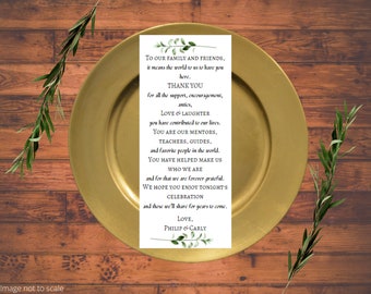 Menu and Thank you place setting table decor wedding, elegant, greenery, floral, template download, printed thank you, customizable