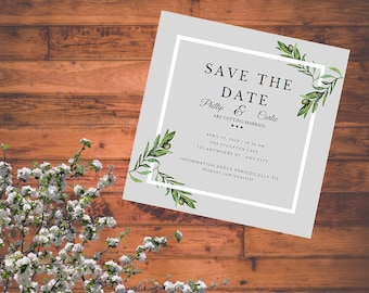 Framed Greenery Save the Date or Change the Date Digital Template & Printed Cards, Customizable