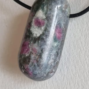Könnte beinhalten: Ein polierter, zylindrischer Anhänger aus Zoisit mit eingebetteten Rubinkristallen, der eine gesprenkelte Farbpalette in Grau, Grün und Dunkelrosa aufweist. Der Stein hängt an einer dünnen, glatten schwarzen Schnur, die durch den Anhänger führt.