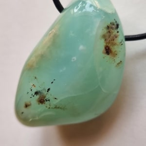 Può includere: Un ciondolo lucido a forma di goccia in tonalità verde-azzurro chiaro, con inclusioni marrone scuro e nere. La gemma è infilata su un cordino nero, adatta per essere indossata come collana. Il ciondolo è lungo circa 3,8 cm.