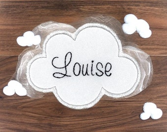 First name embroidered on multiple cloud shape patch, color of your choice, font of your choice, iron-on option or not [4x3cm to 10x7.5cm]