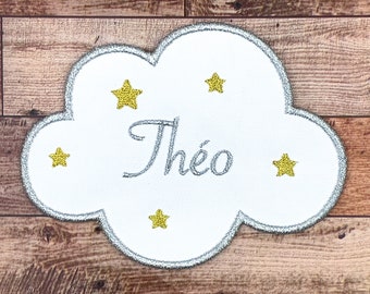 Embroidered first name in shiny/metallic colors of your choice, on a white cloud and star-shaped patch, iron-on or non-iron option