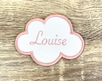 First name embroidered on cloud-shaped patch, color of your choice, font of your choice, iron-on option or not [8.5x6.5cm]