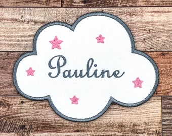 Embroidered first name on cloud-shaped patch, white and gray, stars in your choice of color, iron-on option or not