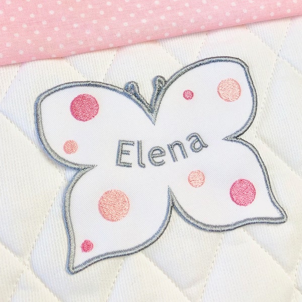 First name embroidered on butterfly-shaped patch, customizable, color of your choice, iron-on option or not