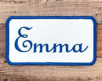 First name embroidered on Rounded Rectangle shaped patch. Silky yarn, iron-on option or not