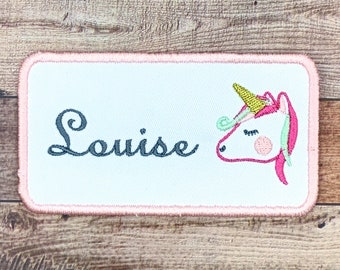 Unicorn Rectangle. Silky Thread, Embroidered First Name and Fabric of your choice. [10.5×5.5cm]