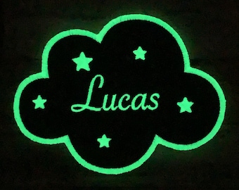 Phosphorescent embroidered first name on cloud shape patch with star, color of your choice, font of your choice.