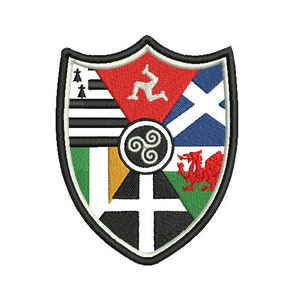 May include: A shield-shaped patch with the flags of England, Scotland, Wales, Ireland, and the Isle of Man. The flags are arranged in a circle around a Celtic knot.