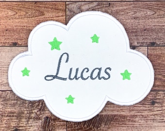 Embroidered first name on cloud-shaped patch, white and gray, stars in your choice of color, iron-on option or not