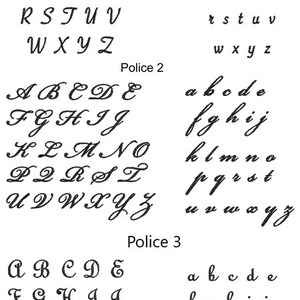 May include: A black and white image showing three different styles of cursive fonts labeled "Police 1", "Police 2", and "Police 3". Each font style shows the alphabet in uppercase and lowercase letters.