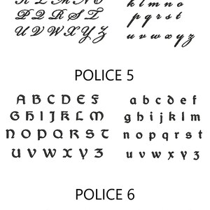K&ouml;nnte beinhalten: Ein Schwarzwei&szlig;bild, das verschiedene Schriftarten f&uuml;r das Alphabet zeigt, beschriftet mit "Police 4", "Police 5" und "Police 6".