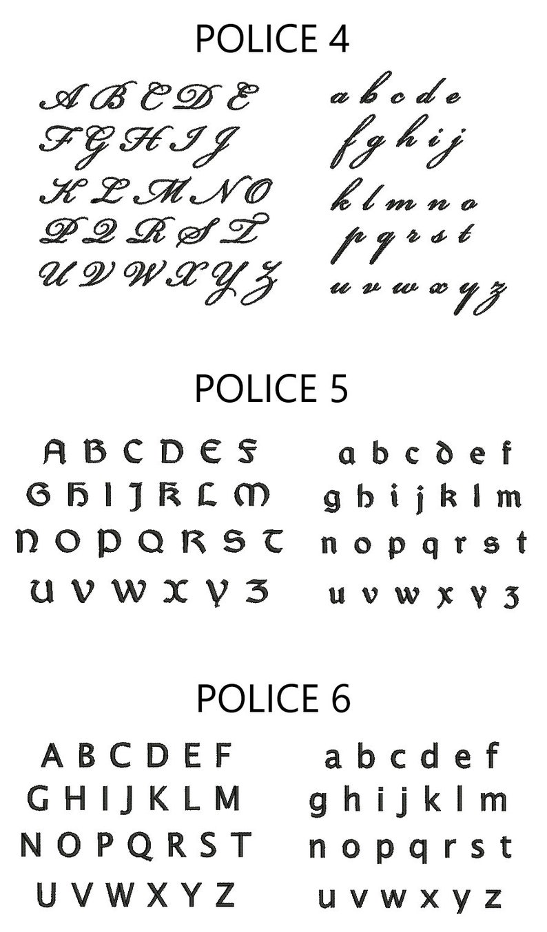 K&ouml;nnte beinhalten: Ein Schwarzwei&szlig;bild, das verschiedene Schriftarten f&uuml;r das Alphabet zeigt, beschriftet mit "Police 4", "Police 5" und "Police 6".