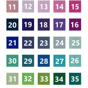 May include: A chart of 45 different colored fabric swatches, numbered 1 through 45. The swatches are arranged in five rows of nine swatches each. The chart is labeled "Le H&eacute;ron Brodeur" at the bottom.