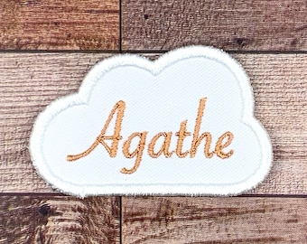 Small Cloud, Silky Thread, Embroidered First Name, White Fabric, White Outline