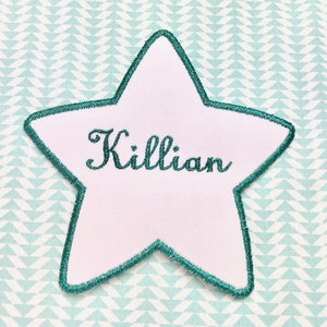First name of your choice embroidered shiny/metallic color of your choice, on star-shaped patch, writing font of your choice, iron-on option or not