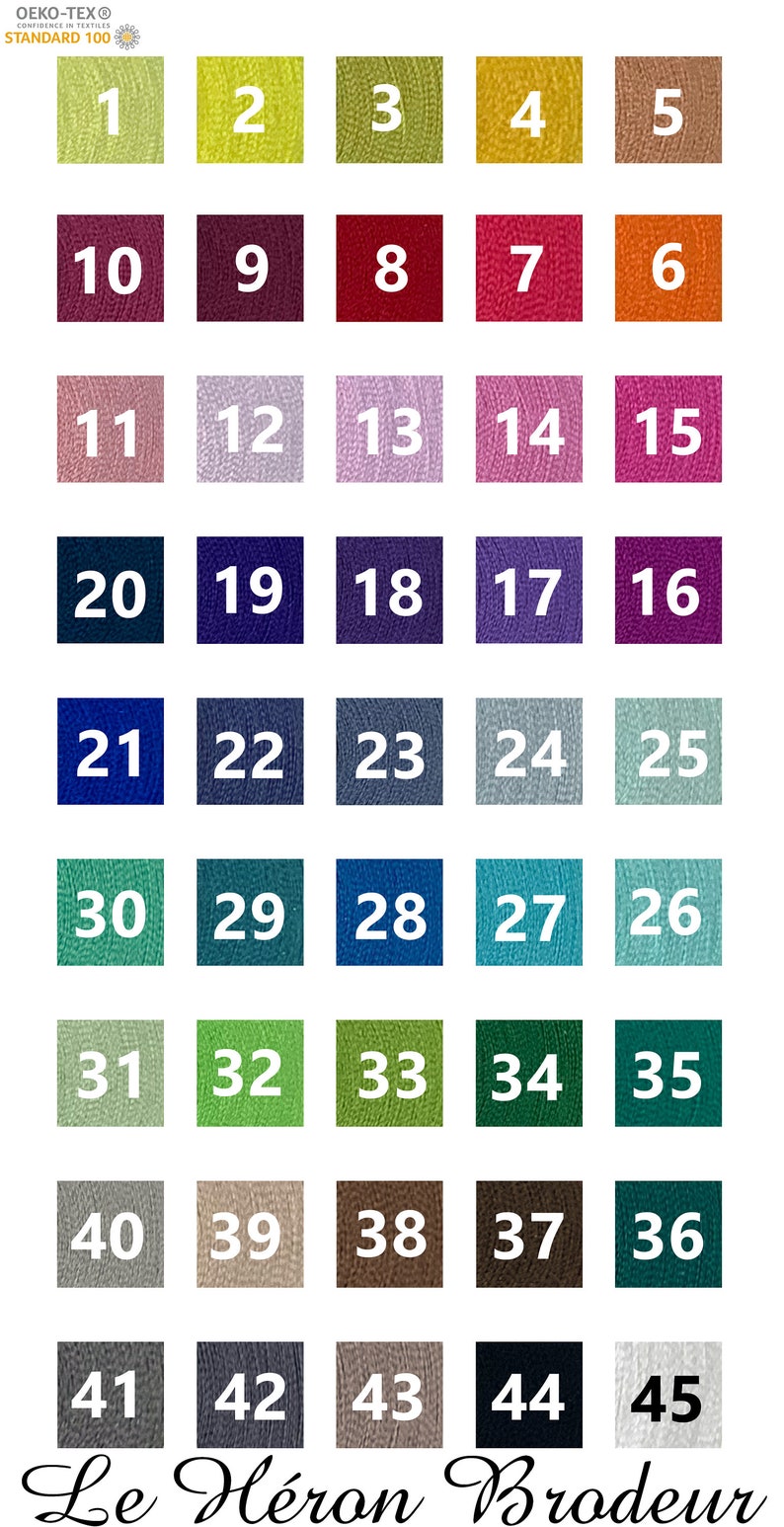May include: A chart of 45 different colored fabric swatches, numbered 1 through 45. The swatches are arranged in five rows of nine swatches each. The swatches are all different shades of green, blue, purple, red, pink, yellow, brown, and gray. The text "Le H&eacute;ron Brodeur" is at the bottom of the chart.