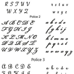 May include: A black and white image displaying three different styles of cursive fonts labelled "Police 1", "Police 2", and "Police 3". Each font style shows the alphabet in uppercase and lowercase letters.