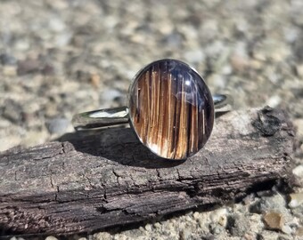 May include: A silver ring with a clear, oval-shaped setting. The setting contains a vertical arrangement of brown and gold strands. The ring is resting on a piece of weathered wood.