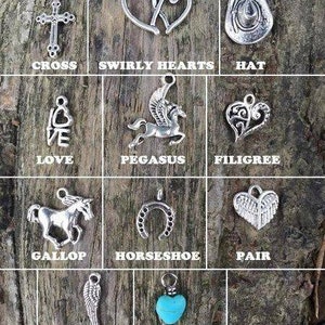 Peut inclure: Une collection de 12 pendentifs en argent avec diff&eacute;rents motifs, dont une croix, des c&oelig;urs, un chapeau, un cheval, un fer &agrave; cheval, un p&eacute;gase, une paire d'ailes et un c&oelig;ur turquoise.