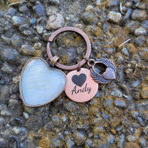 Heart shaped horse hair key chain with custom name charm and accent charm by Equine Keepsakes