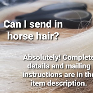 May include: A close-up of white horse hair with the text "Can I send in horse hair? Absolutely! Complete details and mailing instructions are in the item description."