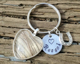 Heart shaped horse hair key chain with custom name charm and accent charm by Equine Keepsakes