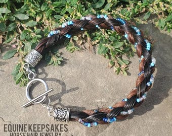 Custom silver toned seed bead accented Horse Hair Bracelet Braided by Equine Keepsakes turquoise blue clear