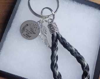 May include: A silver keychain with a braided black and gray loop. The keychain features a round charm with a feather and the text "Your wings were ready but my heart was not." Also includes a silver wing charm.