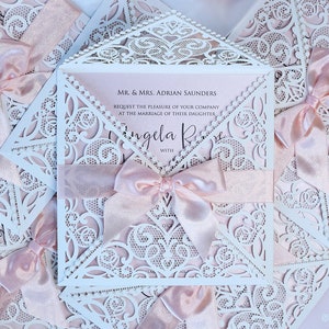 Rosa Einladung Hochzeit Lasergeschnittene Einladungen Einladungskarten luxuriöse Einladungen Rosa Satinband Hochzeitseinladungen Geburtstag