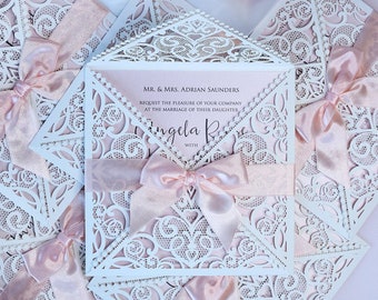 Pink Wedding Invitation Laser Cut Invitations Cards Luxurious Invitations Pink Satin Ribbon Wedding Invitations Birthday